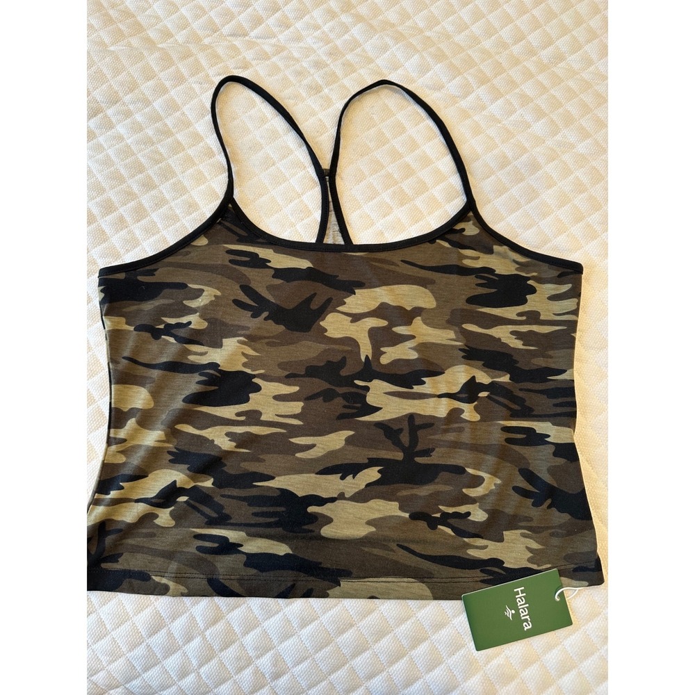Halara Womens Camo Cropped Racerback Tank Top XL Green Camouflage Activewear NWT
